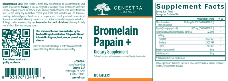 Bromelain Papain+ 180ct label Genestra