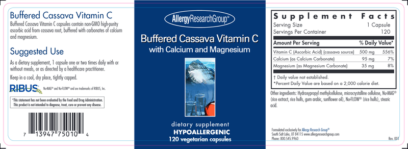Buffered Cassava Vitamin C (Allergy Research Group) Label