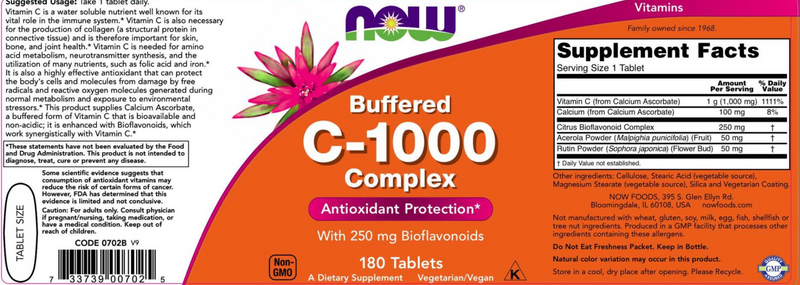 C-1000 (Buffered C) - 180 Tablets (NOW) Label