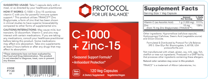 C-1000 + Zinc-15 (Protocol for Life Balance) Label