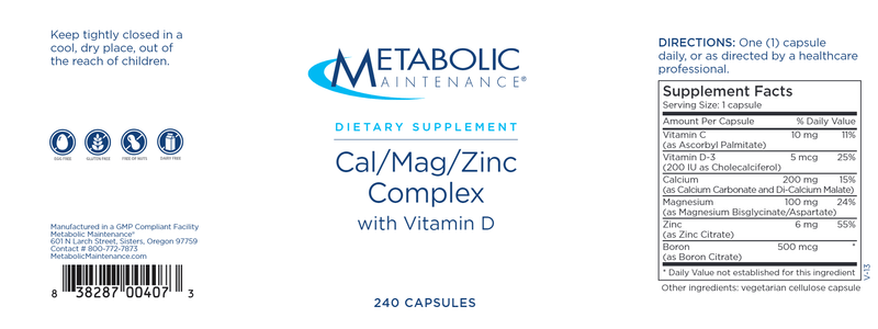 Cal/Mag/Zinc Complex with Vitamin D (Metabolic Maintenance) label