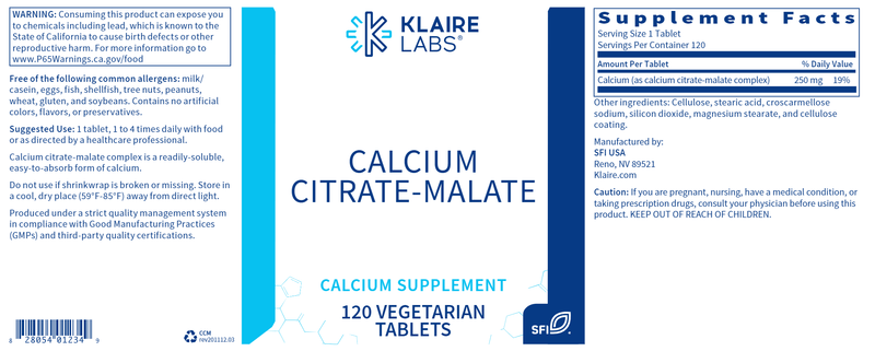 Calcium Citrate-Malate 250 mg (Klaire Labs) Label