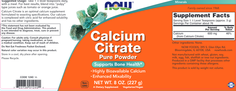 Calcium Citrate Powder (NOW) Label