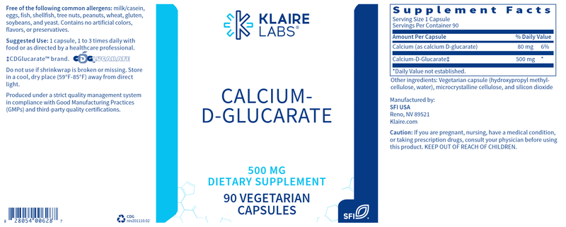 Calcium D-Glucarate 500 mg (Klaire Labs) Label