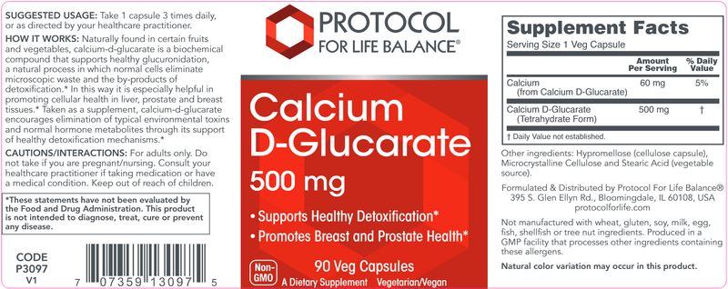 Calcium D-Glucarate 500 mg (Protocol for Life Balance) Label