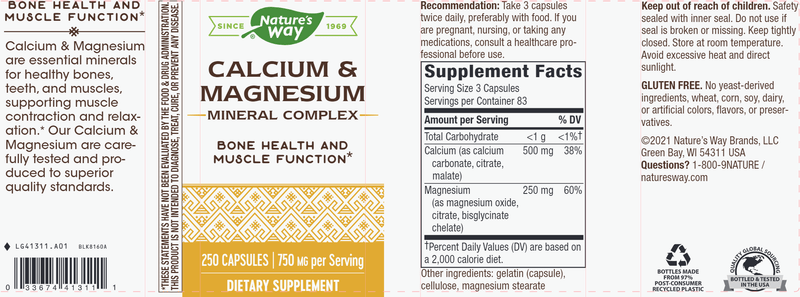 Calcium & Magnesium 250 capsules (Nature's Way) Label