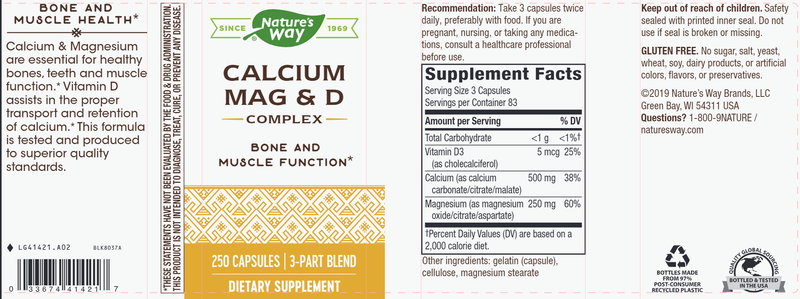 Calcium, Magnesium & Vitamin D 250 capsules (Nature's Way) Label