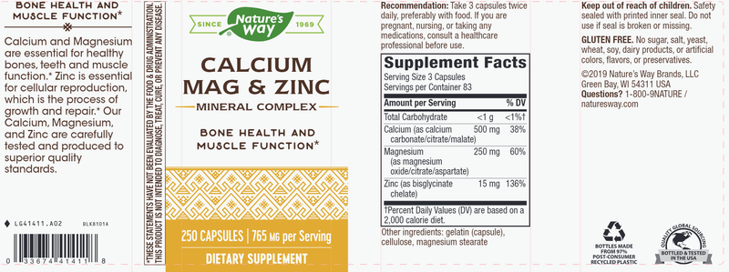 Calcium, Magnesium & Zinc 250 capsules (Nature's Way) Label