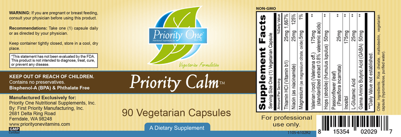Calm Priority (Priority One Vitamins) label