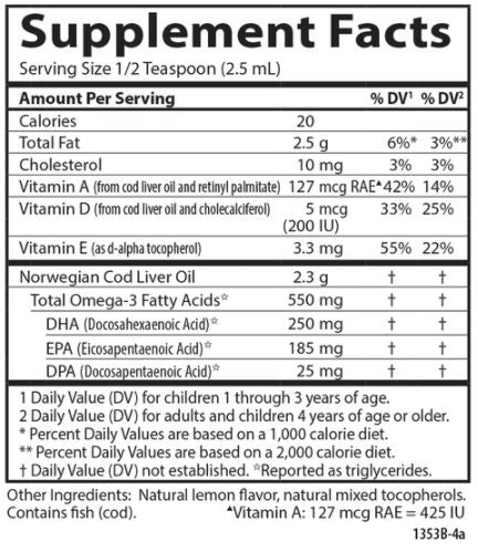 Carlson Kids Cod Liver Oil Lemon Supplement Facts Label