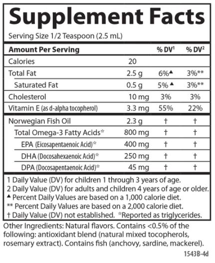 Carlson Kids Finest Fish Oil Orange Supplement Facts Label