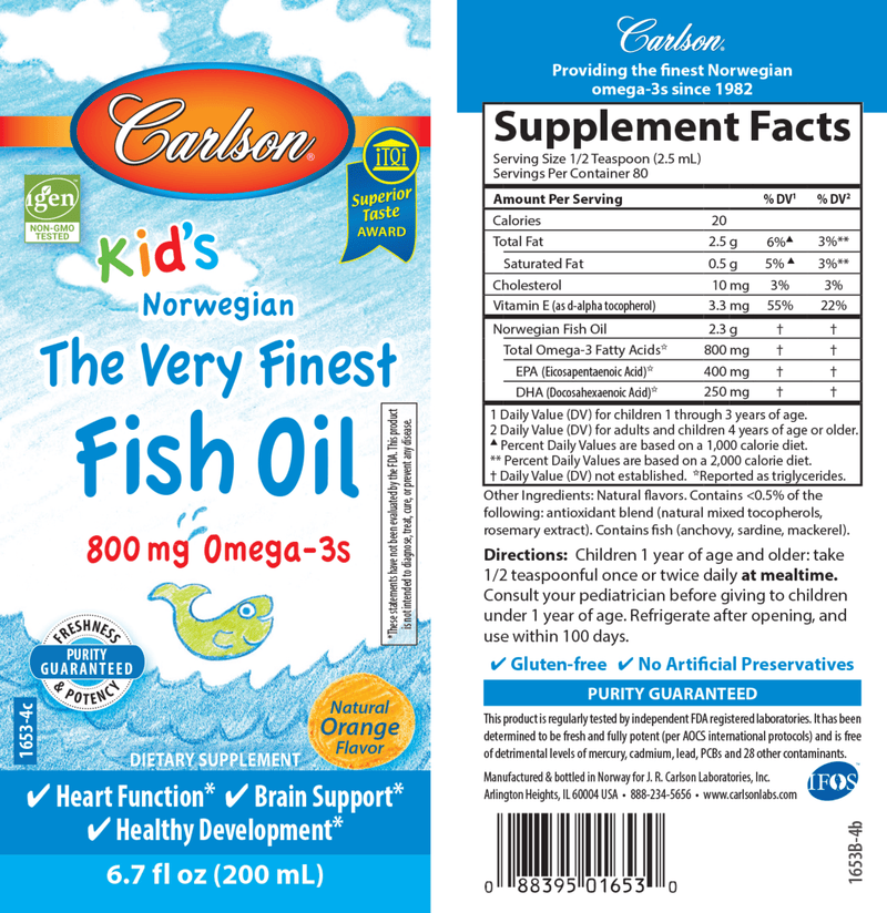 Carlson Kids Finest Fish Oil Orange (Carlson Labs) label