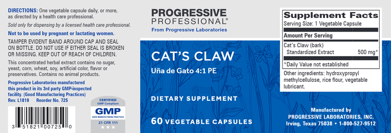 Cat's Claw 500 mg (Progressive Labs) Label