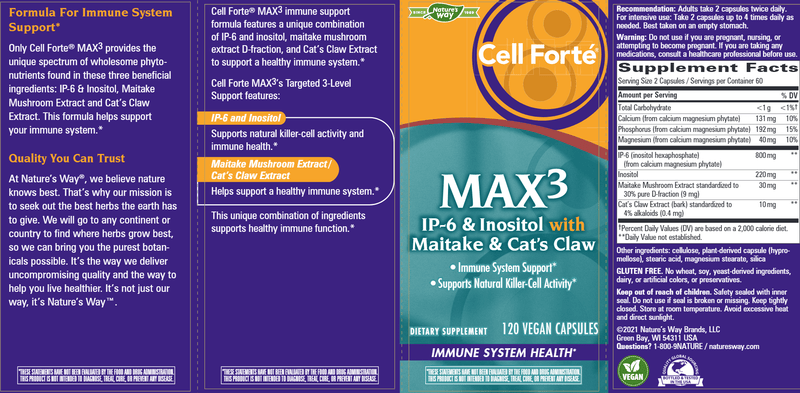 Cell Forté® MAX3 120 Veg Capsules (Nature's Way) Label