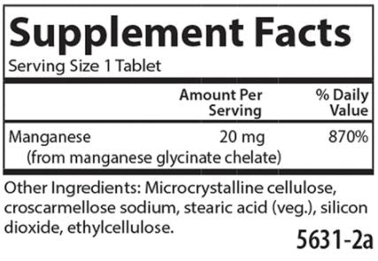 Chelated Manganese 20 mg Supplement Facts Label