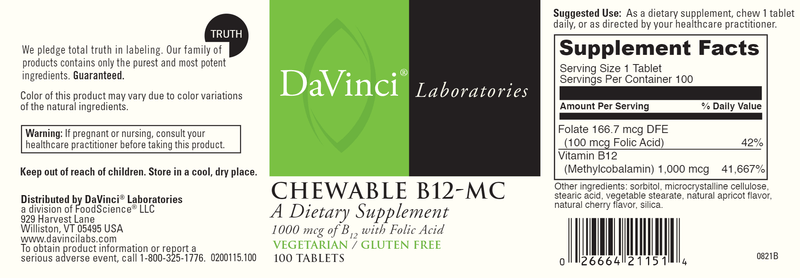 Chewable B12 MC (DaVinci Labs) label