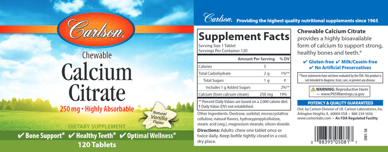Chewable Calcium Citrate 250 mg (Carlson Labs) label