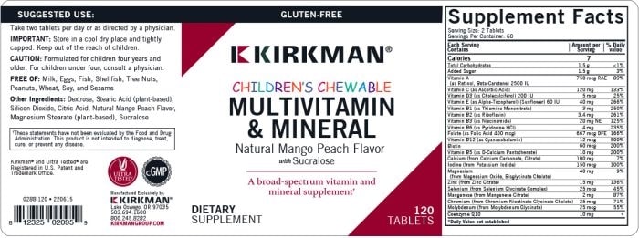 Children's Chewable Multivitamin & Mineral Tablets (Kirkman Labs) label