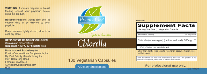 Chlorella 300 mg (Priority One Vitamins) label