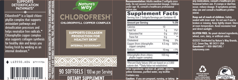 Chlorofresh Chlorophyll Concentrate 90 Softgels (Nature's Way) Label