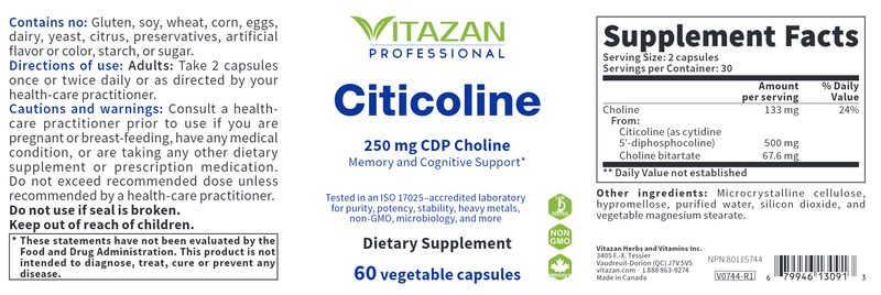 Citicoline 250 mg (Vitazan Pro) label