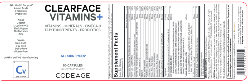 Clearface Acne Skin Vitamins (Codeage) Label