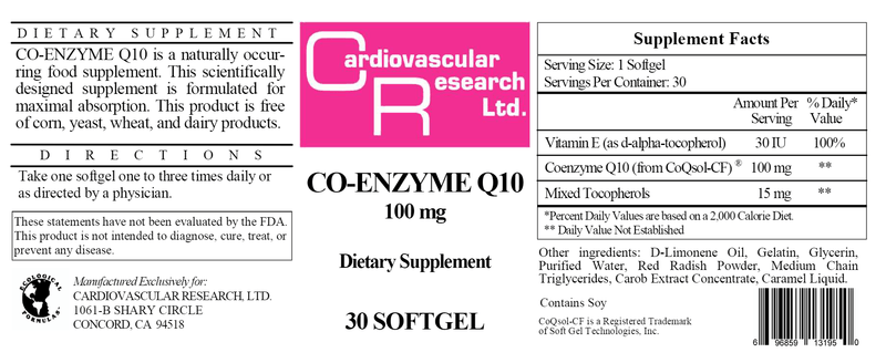 Co-Enzyme Q10 100 mg (Ecological Formulas) Label