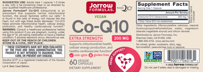Co-Q10 200 mg Jarrow Formulas label