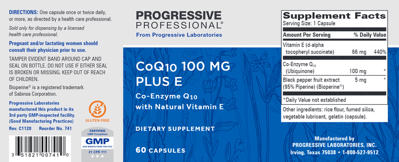 CoQ10 100 mg Plus E (Progressive Labs) Label