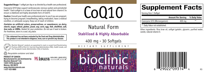 CoQ10 400 mg (Bioclinic Naturals) Label
