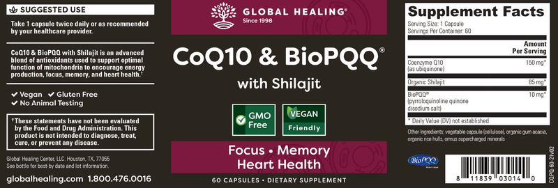 CoQ10 & BioPQQ with Shilajit Global Healing label