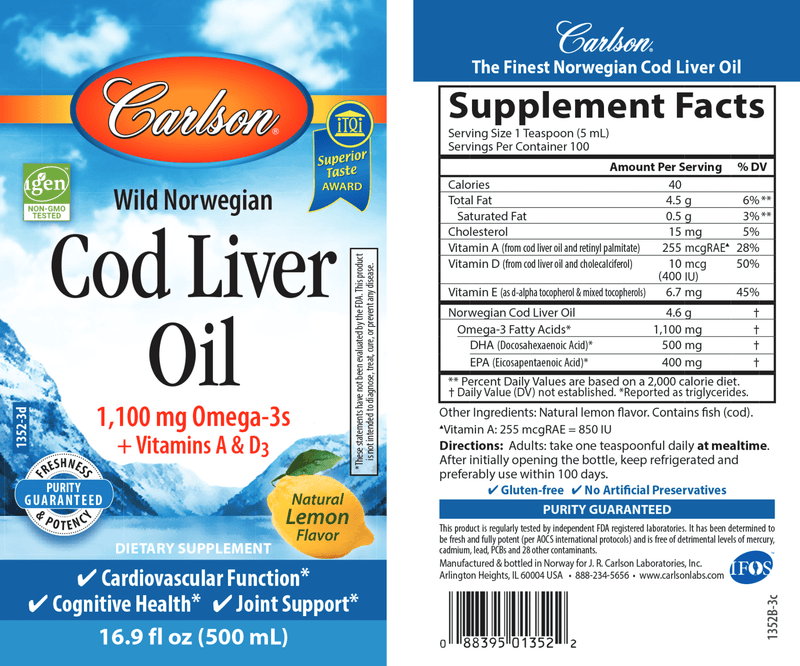 Cod Liver Oil Lemon (Carlson Labs) 16.9oz label