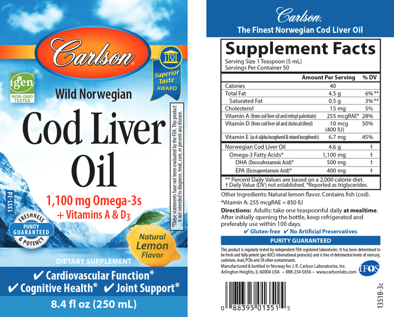 Cod Liver Oil Lemon (Carlson Labs) 8.4oz label