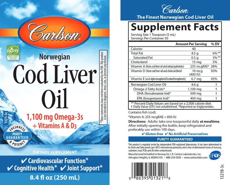 Cod Liver Oil Regular Flavor (Carlson Labs) 8.4oz label