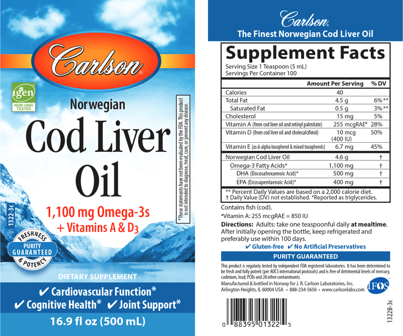 Cod Liver Oil Regular Flavor (Carlson Labs) 16.9oz label