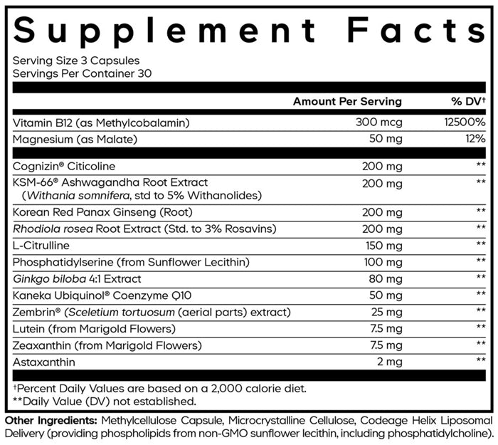 Cognitive Brainpower Platinum Supplement Facts Label