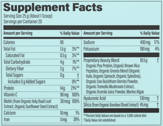 Collagen Plant Based Chocolate Supplement Facts Label