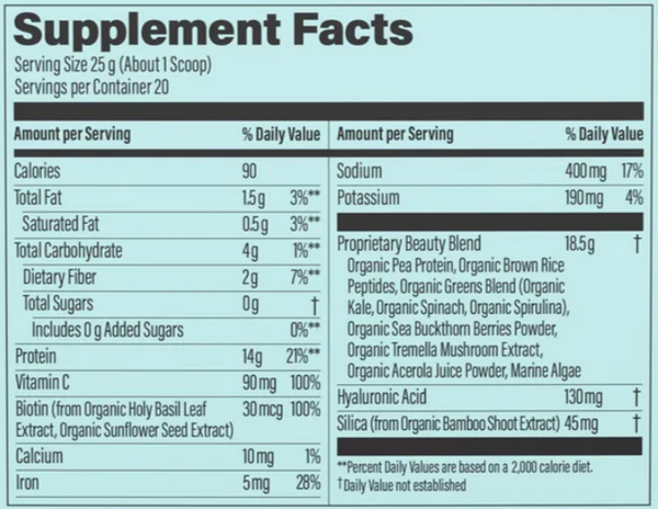 Collagen Plant Based Chocolate Supplement Facts Label