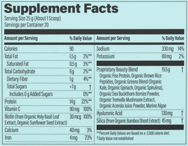 Collagen Plant Based Vanilla Supplement Facts Label