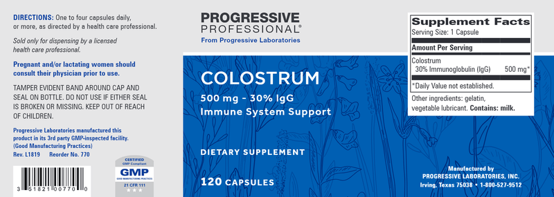 Colostrum 500 mg (Progressive Labs) Label