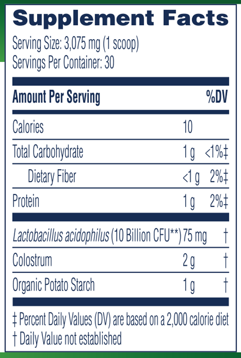 Colostrum + Probiotics Powder Supplement Facts Label