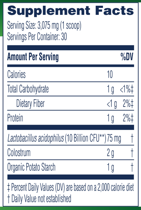 Colostrum + Probiotics Powder Supplement Facts Label