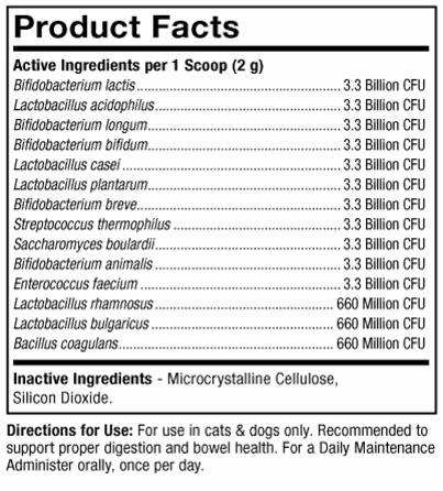 Complete Probiotics Pet Supplement Facts Label