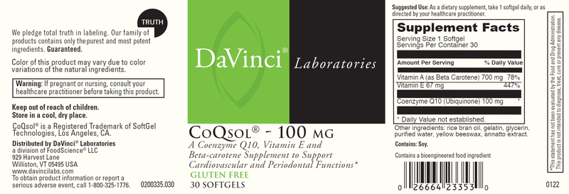 Coqsol 100 mg (DaVinci Labs) label
