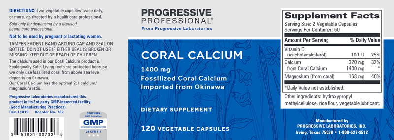 Coral Calcium 1400 mg (Progressive Labs) Label