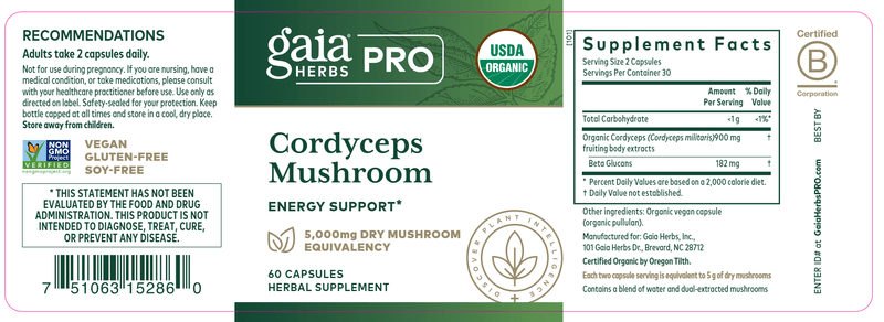 Cordyceps Mushroom (Gaia Herbs Professional Solutions) Label