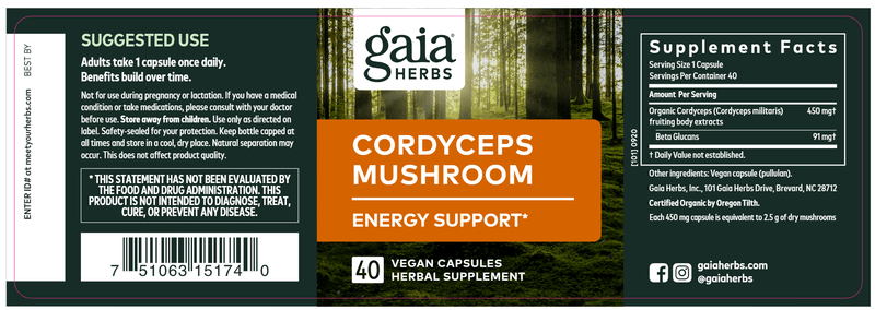 Cordyceps Mushroom (Gaia Herbs) label