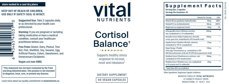 Cortisol Balance 90ct (Vital Nutrients) label