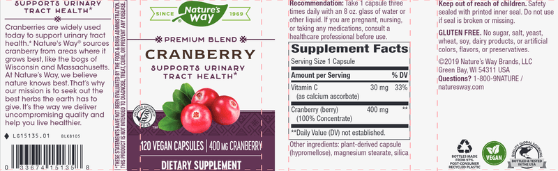 Cranberry 120 Veg Capsules (Nature's Way) Label