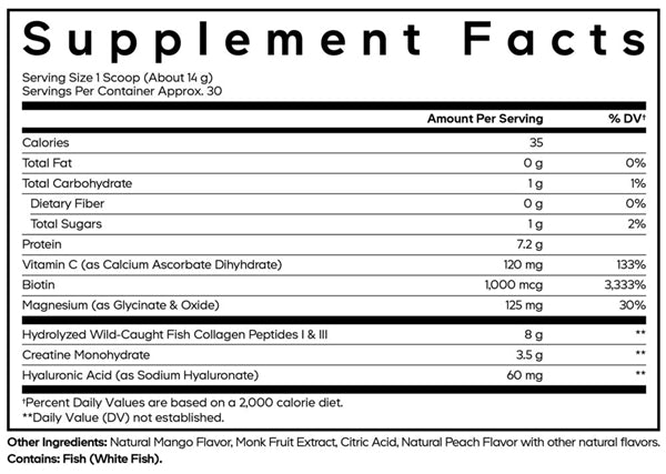 Creatine Collagen Peptides Powder Mango Supplement Facts Label